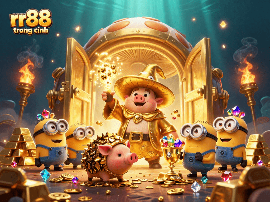 Experience premium gaming thrills at rr88 trang chính with vibrant casino characters surrounded by treasure.
