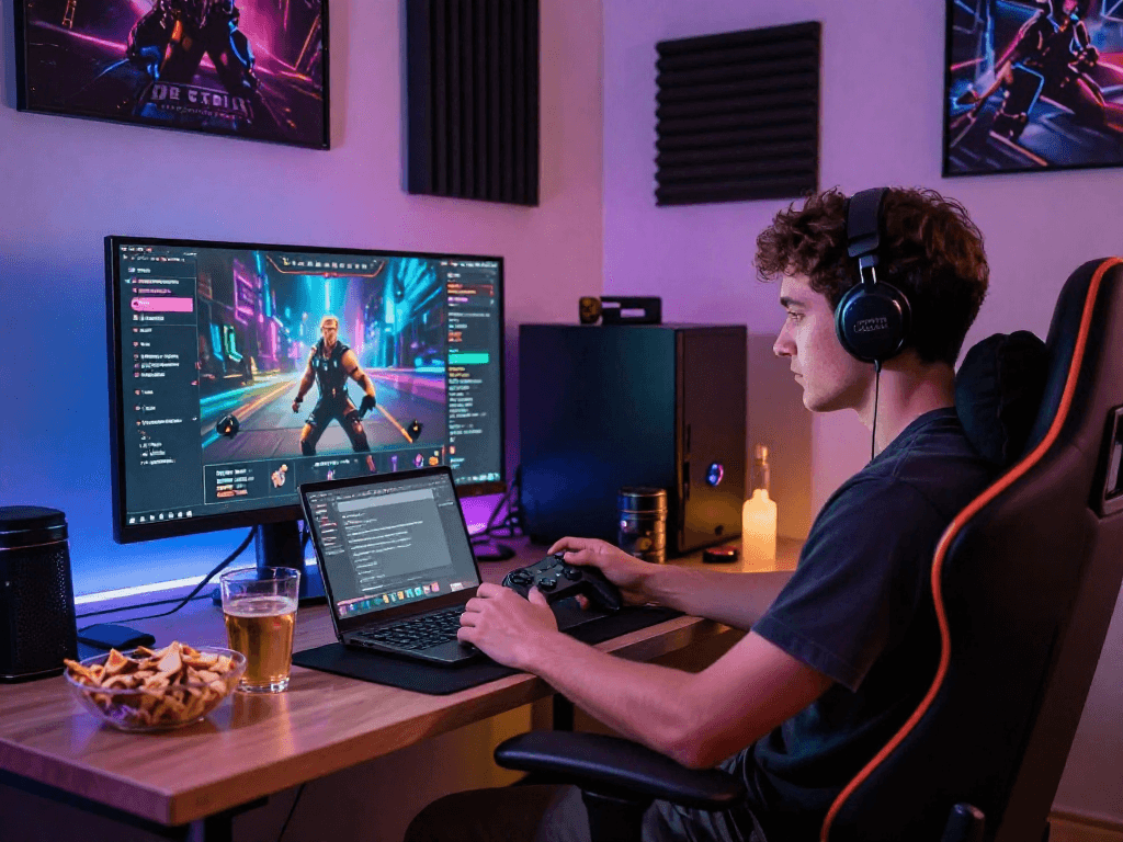 Player enjoying porn games online in a cozy gaming setup with snacks and ambient lighting.