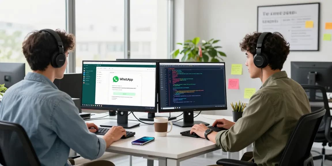 Professional workspace showcasing WhatsApp下載 on multiple monitors in a creative development office.