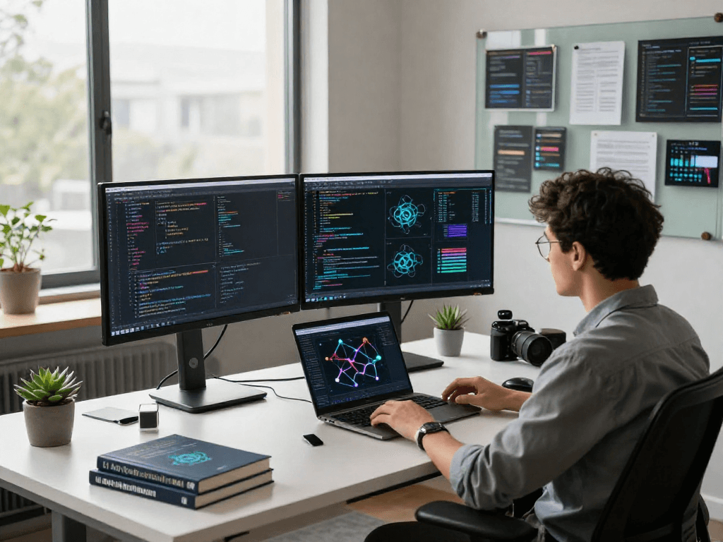Dynamic tech workspace showcasing a developer working on spicy ai projects with advanced monitors and innovative tools.