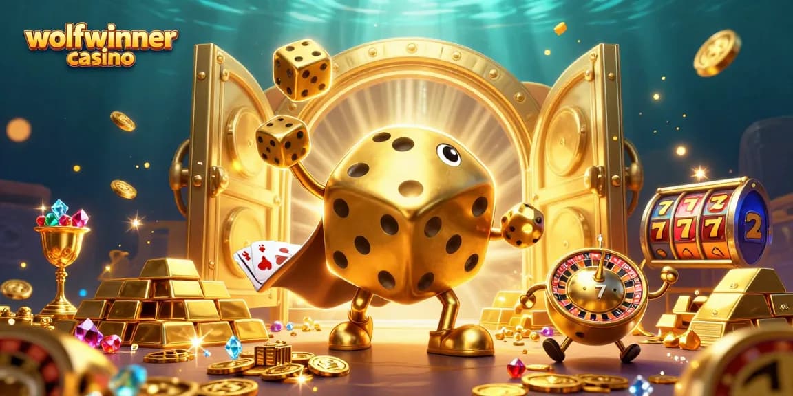 Experience the excitement of wolfwinner casino with vibrant 3D dice and jackpot elements.