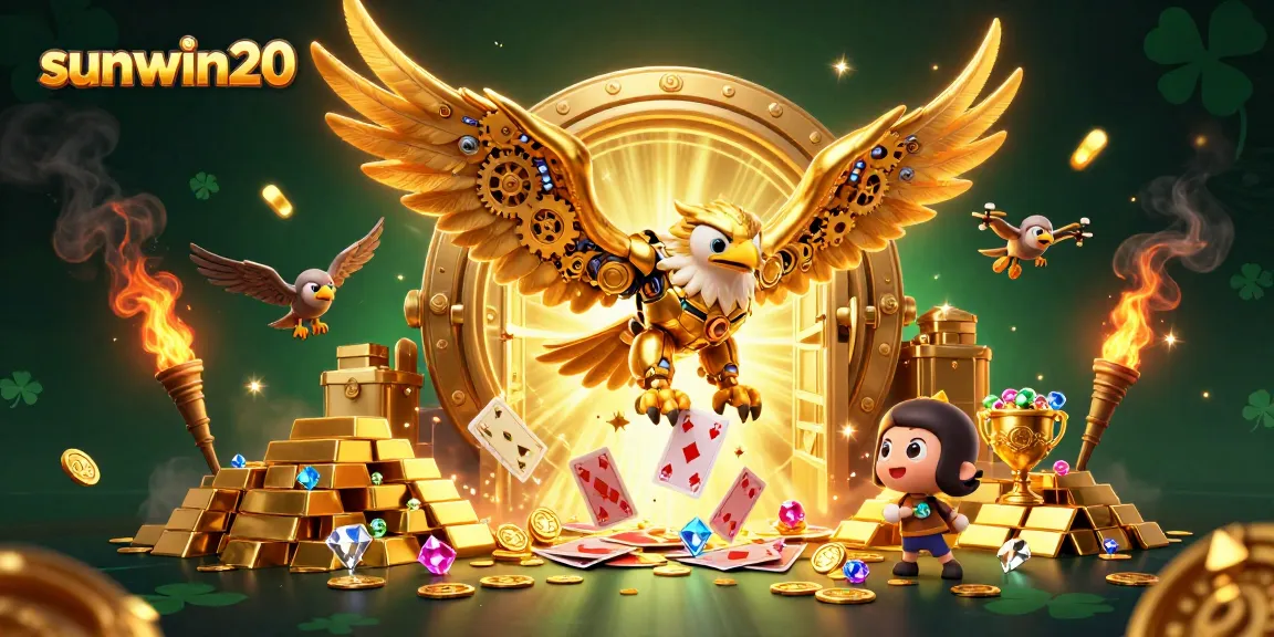 Experience thrilling gameplay with sunwin20 while a golden eagle dives through captivating holographic cards.