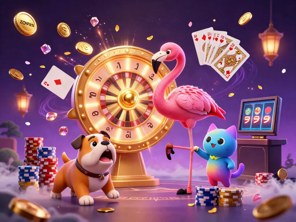 Spin to win with zowin in an engaging casino-themed 3D illustration featuring vibrant characters and game elements.