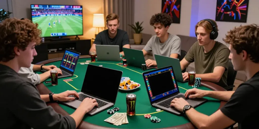 Group of friends enjoying online gambling at home with nhà cái tx88 setup.