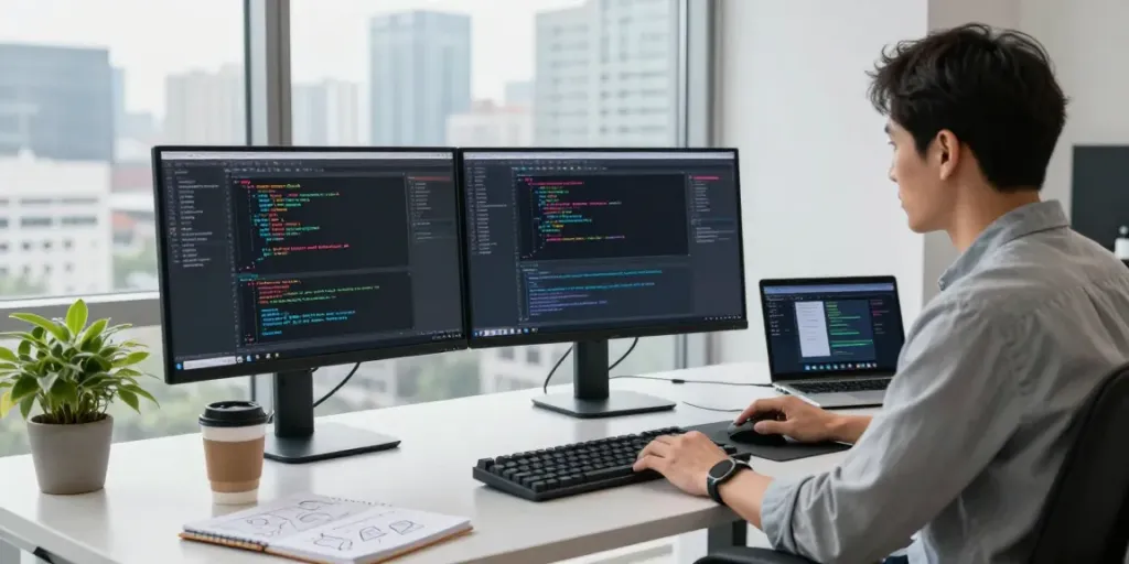 Developer engaging in instant indexing tasks at a modern workspace with code displayed.