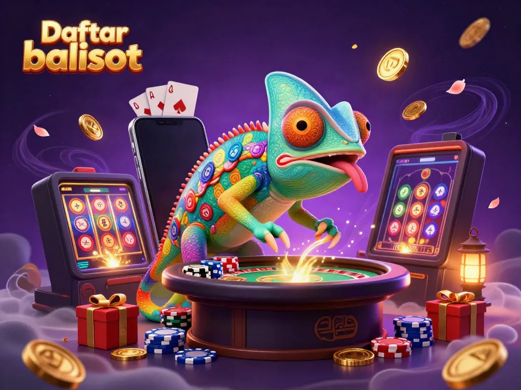 Engaging Daftar balisot casino scene showcasing colorful gaming elements and a dynamic chameleon character.