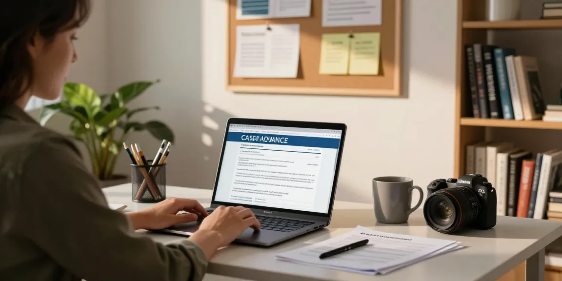 See details of a modern home office with a professional applying for a cash advance loan.