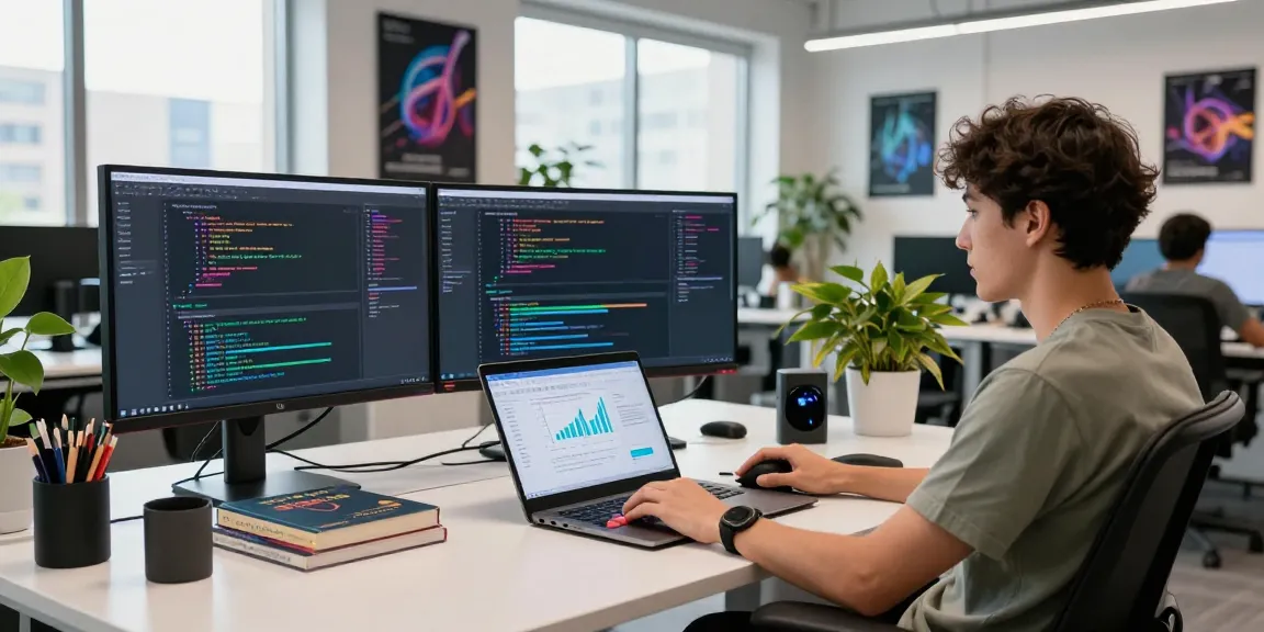 Developer working with large language models in a modern tech workspace with multiple monitors and vibrant coding visuals.