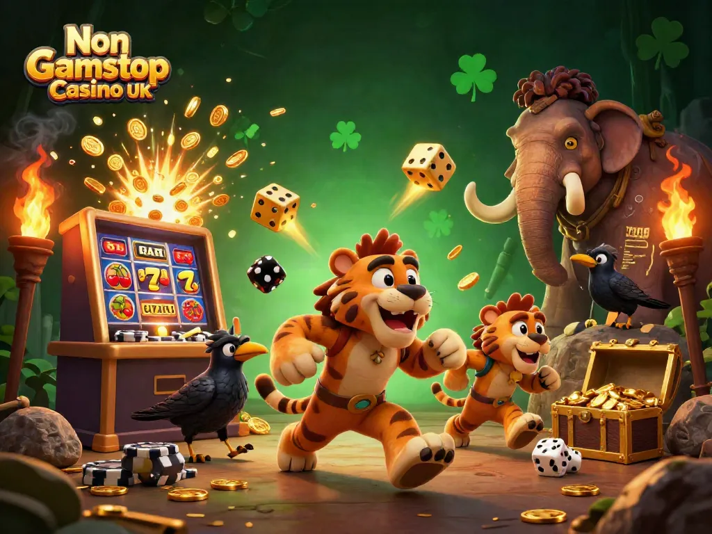 Experience the vibrant atmosphere of a Non Gamstop Casino UK, with dynamic characters celebrating a big win.