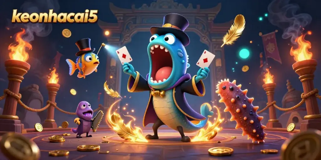 Engage with keonhacai5 as a glowing eel performs tricks in a dynamic casino scene.