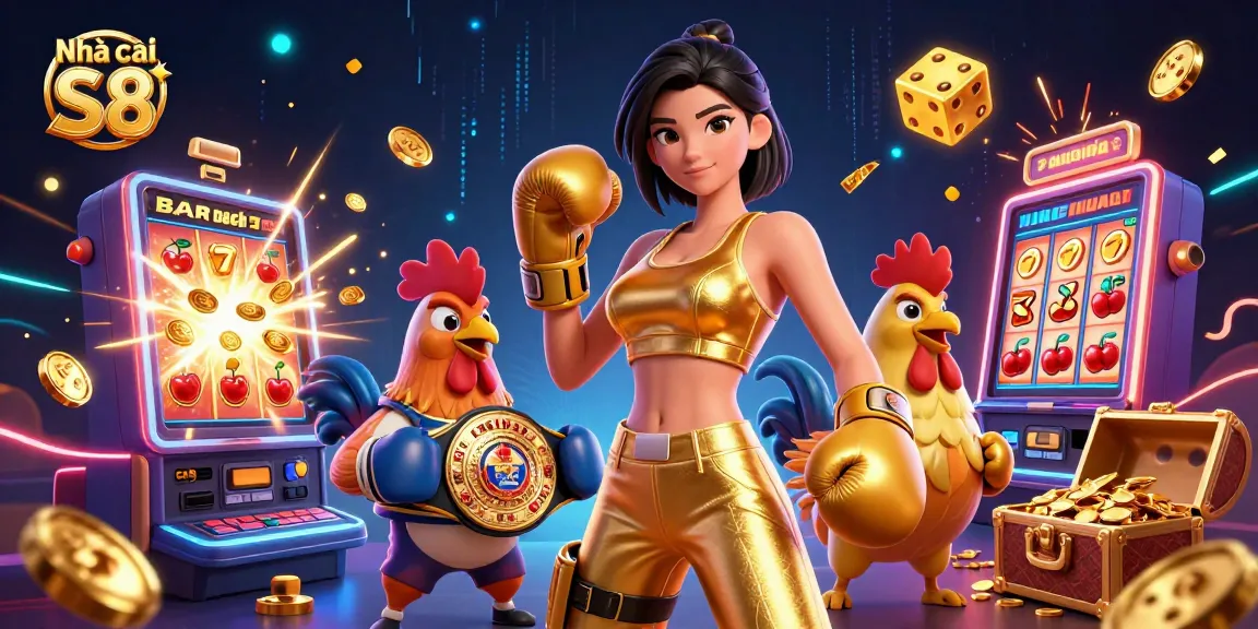 Experience thrilling wins with Nhà cái S8 in this vibrant 3D casino illustration showcasing slot machines and action-packed gaming elements.