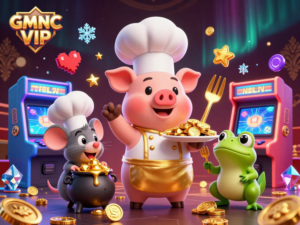 Experience GMNC VIP's thrilling casino adventure with cartoon characters amidst arcade excitement.