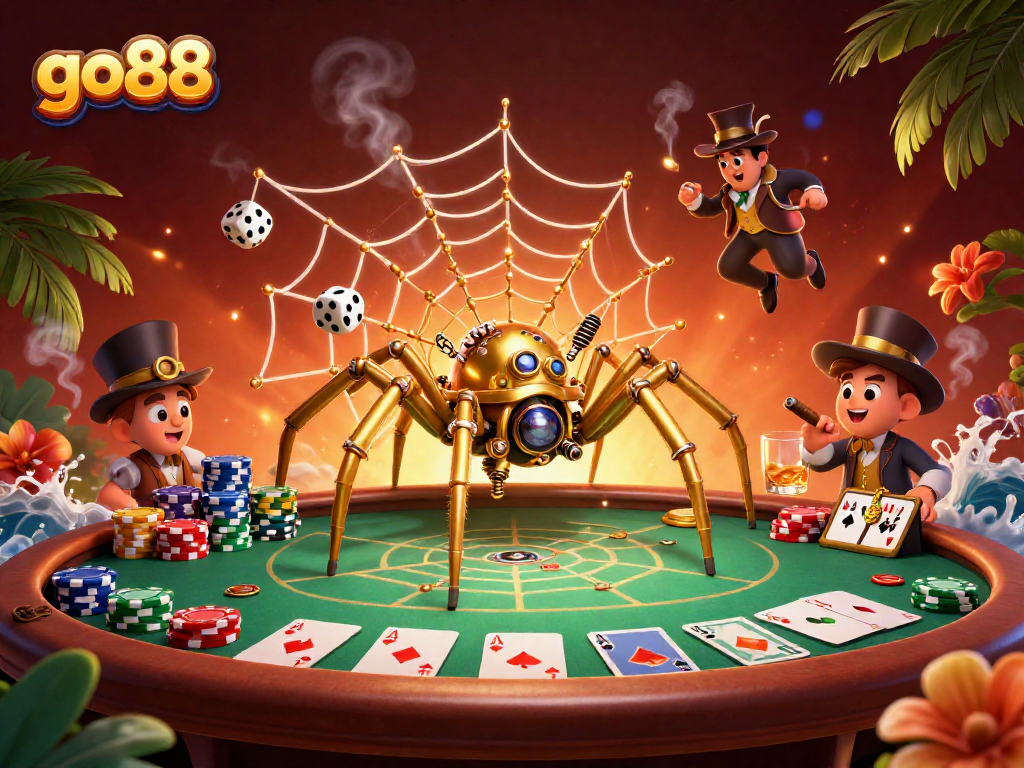 Engage with the thrilling atmosphere of go88 as a steampunk spider captures dice in a web of poker and gaming elements.