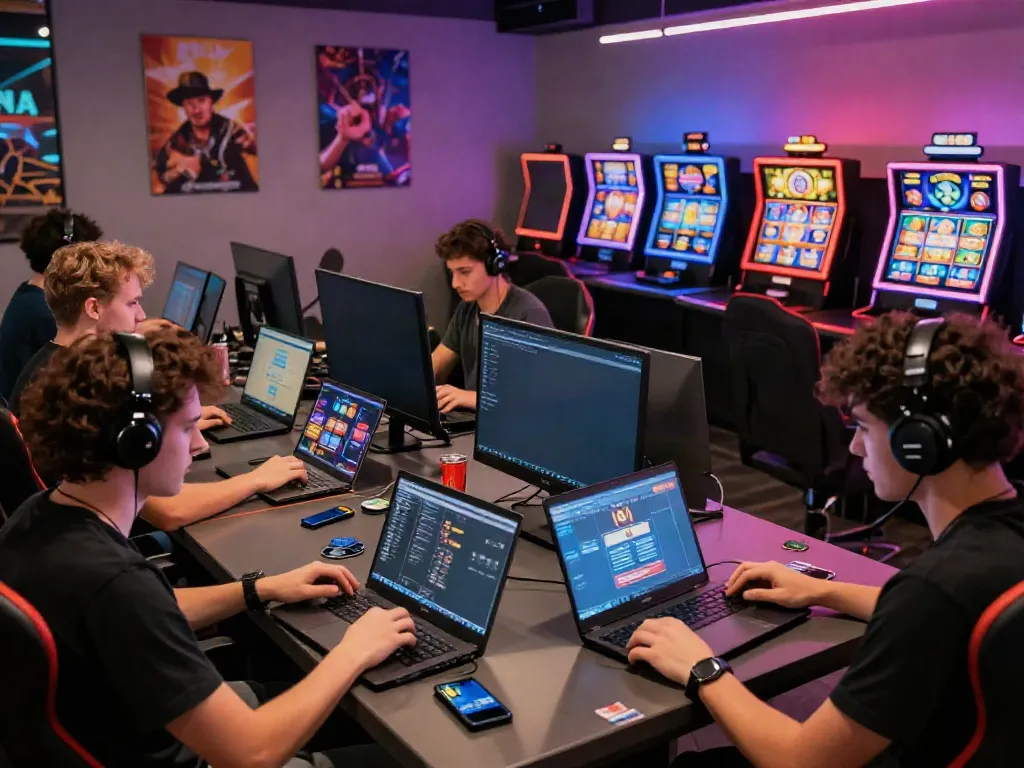 Crowd enjoying multiplayer games at credit card casinos in a vibrant gaming lounge with modern decor.