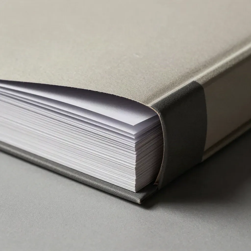 Floating pale strategy folio with charcoal spine and layered paper edges on a grey plane.