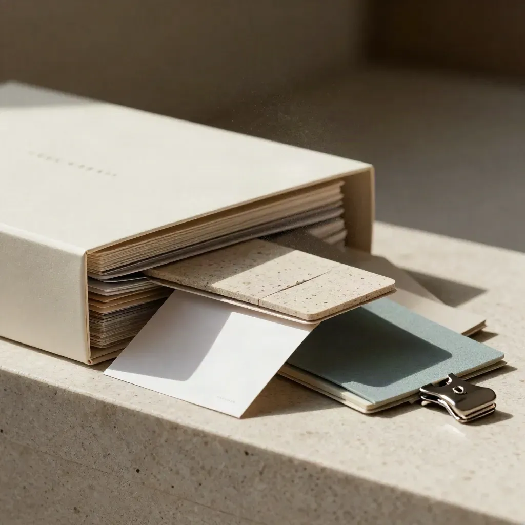 Cream strategy kit with swatches and face-down card on stone, mid-fan in soft daylight.