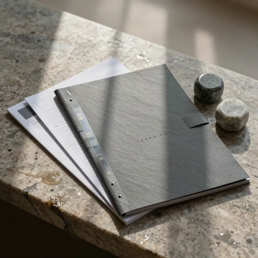 Overhead flatlay of a slate-grey audit folio, tabs, sleeve, and limestone paperweights on wet stone.