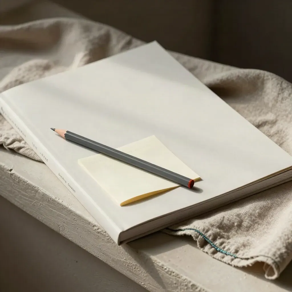 Off-white leadership workshop folio with pencil, folded note card and linen wrap in soft light.