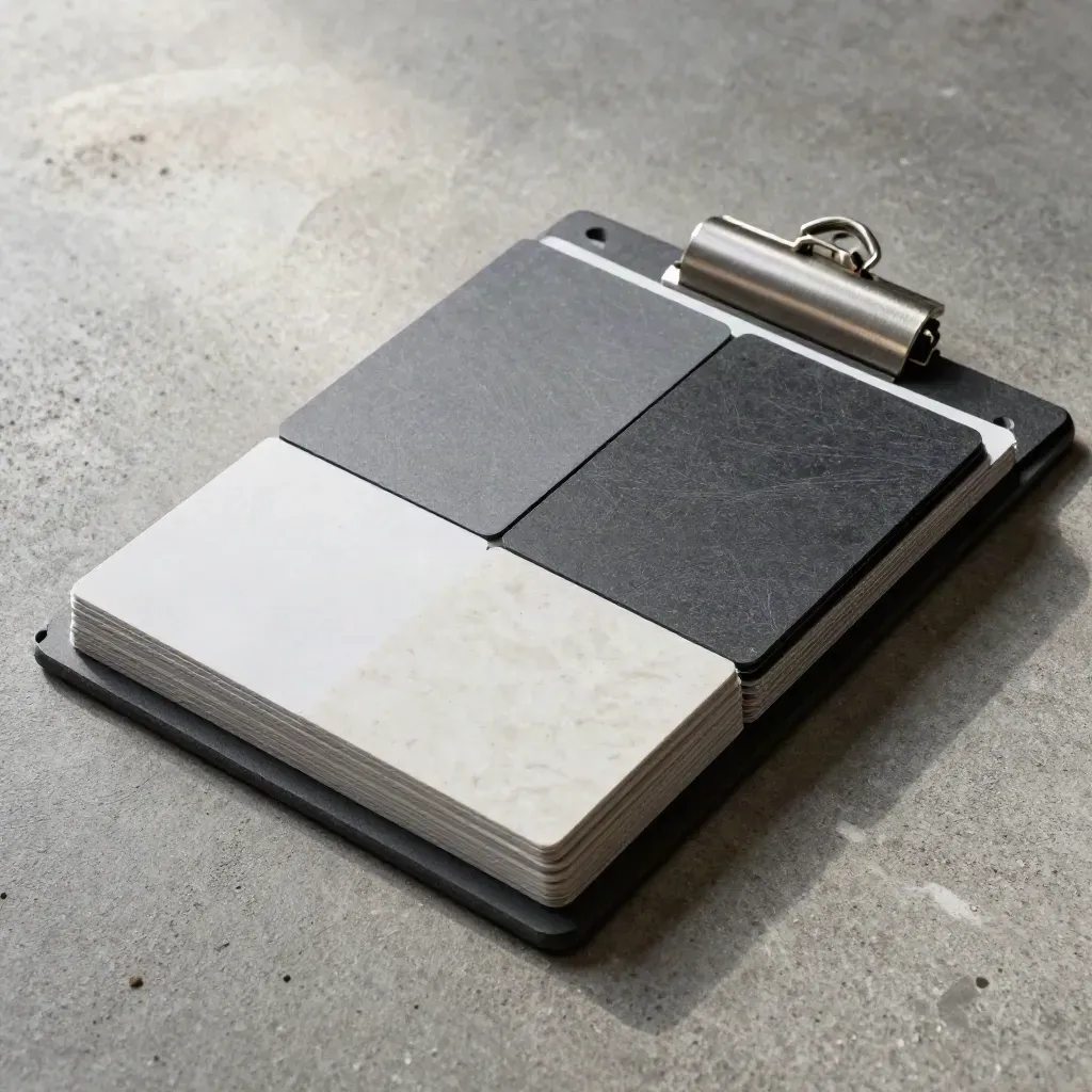 Graphite strategy pack with blank process sheets and a metal paperweight on brushed concrete.