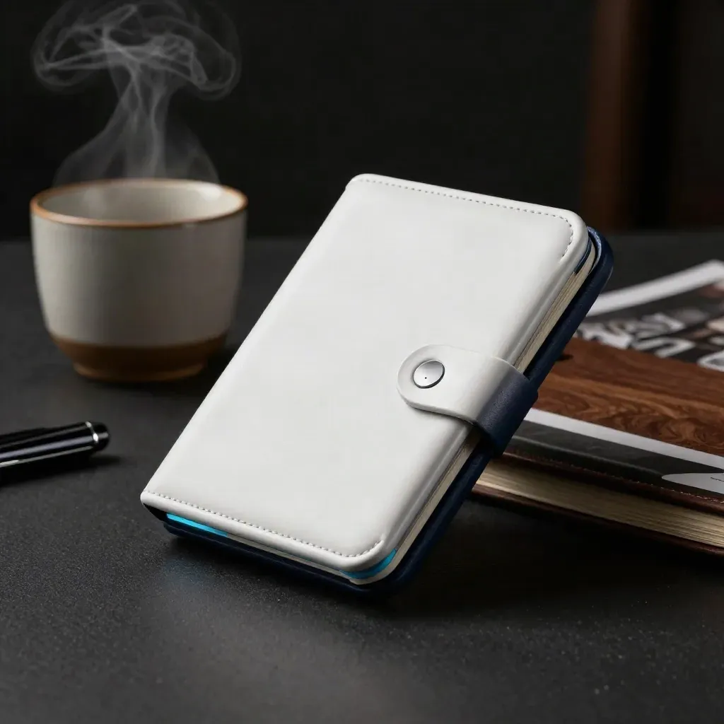 White and navy advisory case beside a steaming cup, notebook and pen cap on a dark studio surface.