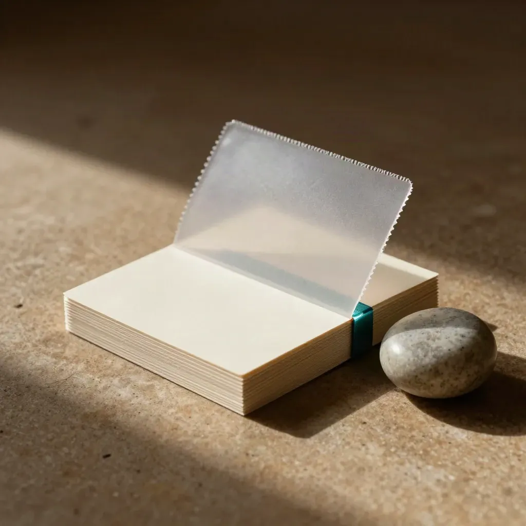 Frosted sleeve with card stack and stone paperweight on warm stone, lit diagonally.