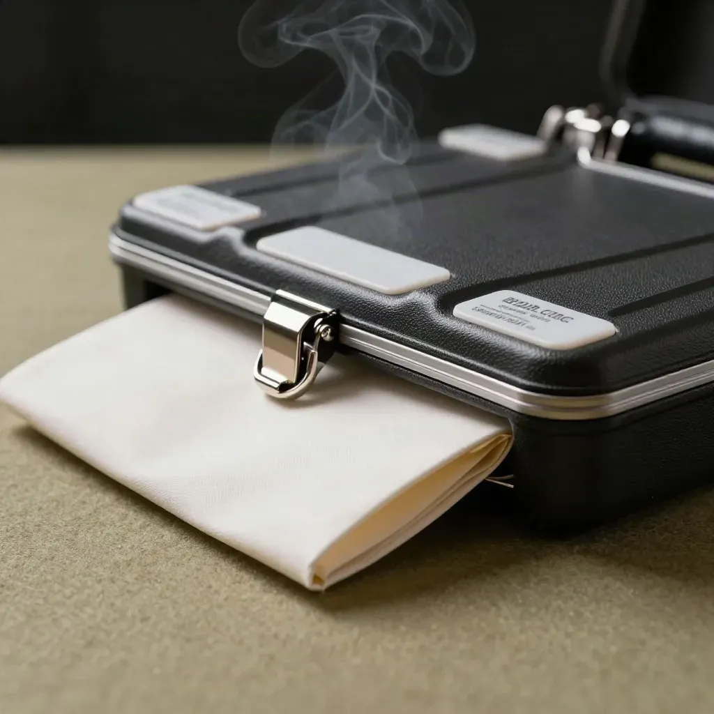 Dark crisis comms kit case with tabs, clasp and folded cloth in dramatic rim light.
