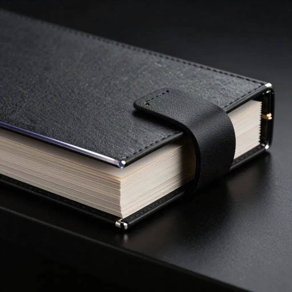Graphite dossier with acetate dividers and strap, revealed in dark studio light