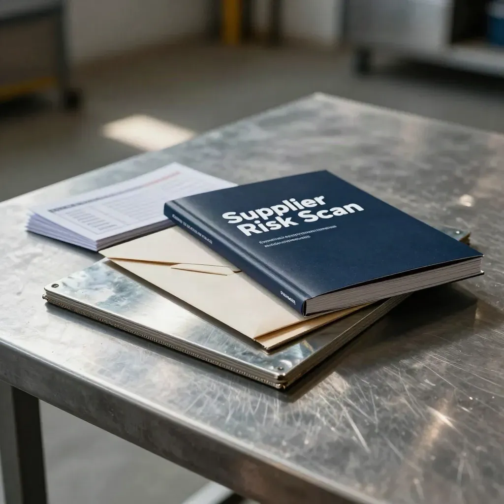 Supplier risk scan pack with steel samples on a brushed work surface in a hazy workshop