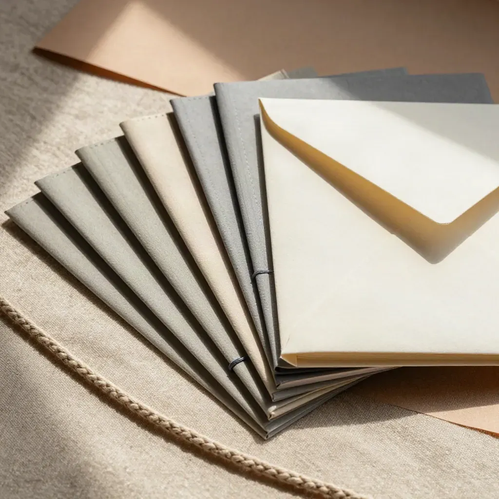 Top-down macro of six slim folios, cord wrap and sealed envelope on linen