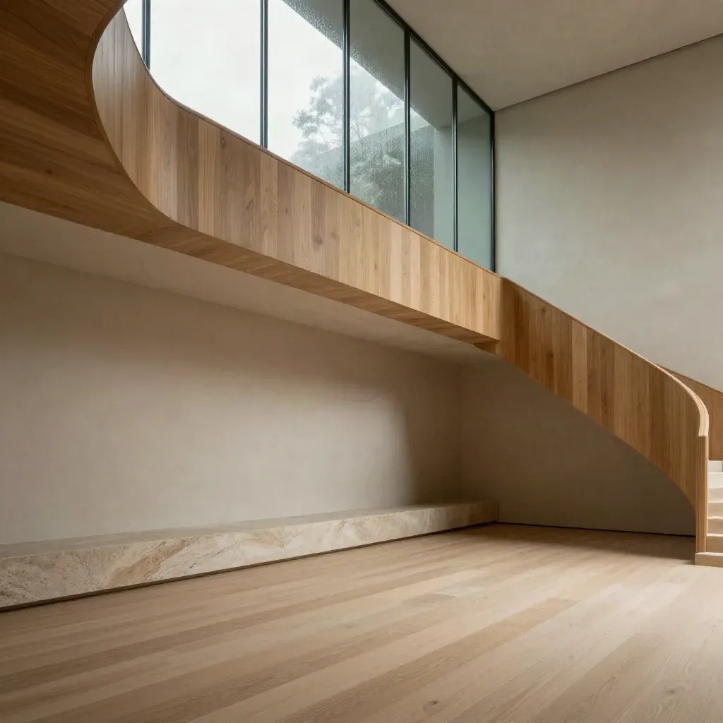 Warm oak stairwell with glass light well, soft plaster walls, and calm open space for copy.