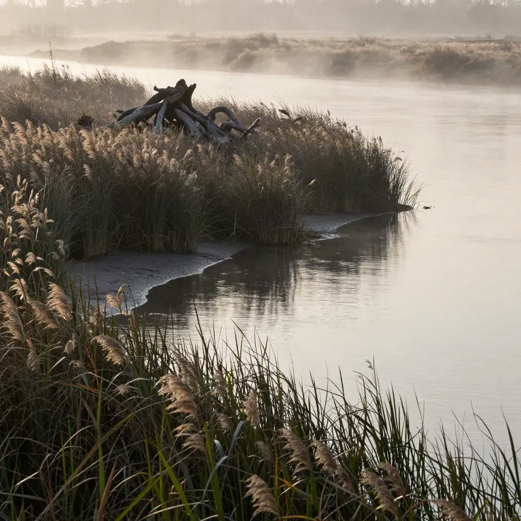 Misty riverbank overlook with wet reeds, broad water and dawn haze