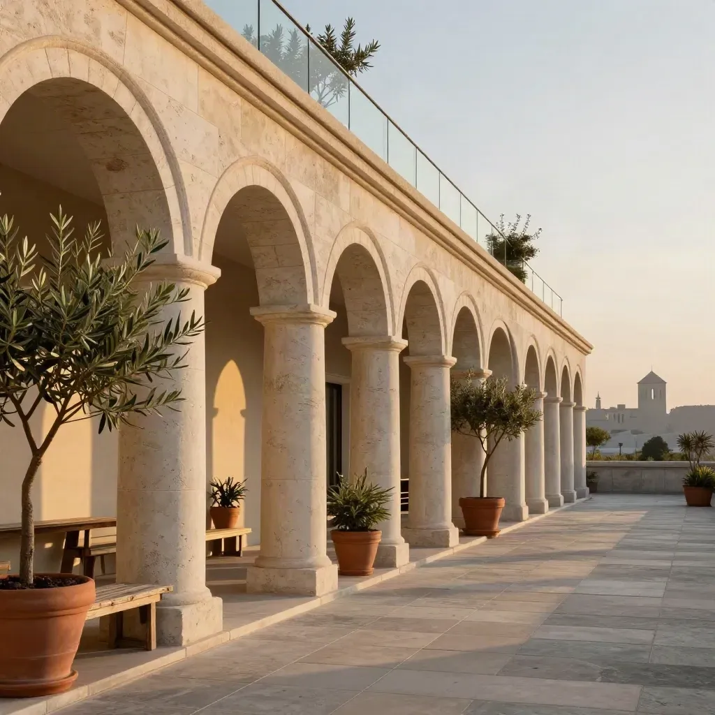 Golden stone colonnade rooftop garden with soft skyline and open copy space.