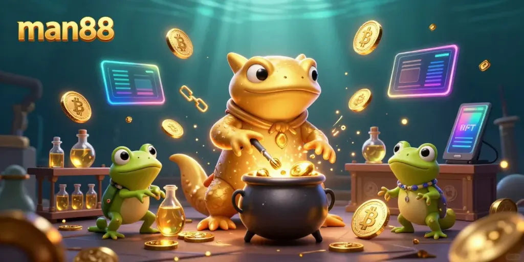 Experience thrilling gaming at man88 featuring a vibrant alchemist scene with gold coins, crypto elements, and energetic characters.