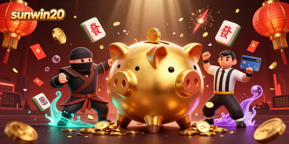 Experience excitement with sunwin20 as a golden piggy bank sumo wrestler stomps coins.