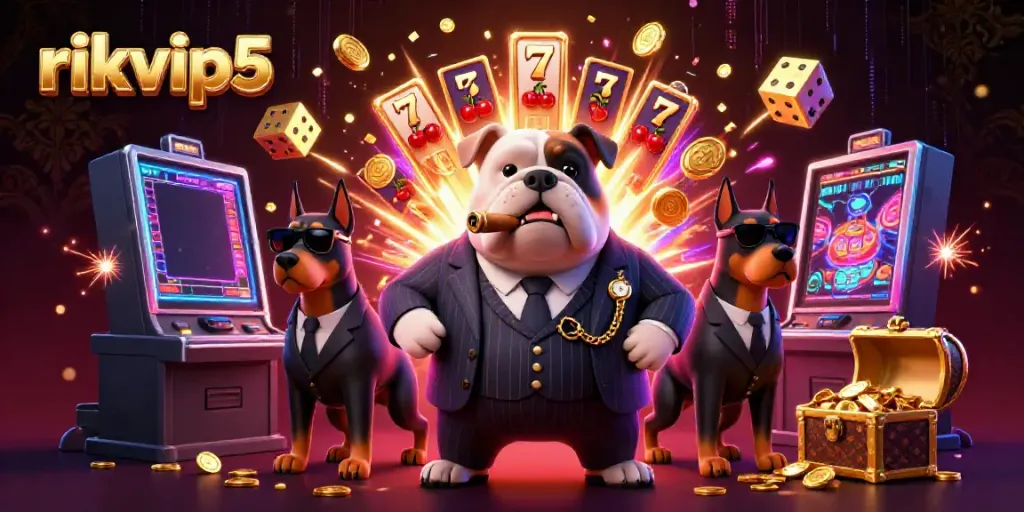 Experience excitement with rikvip5's vibrant 3D casino scene, featuring a bulldog mafia boss and thrilling game elements!