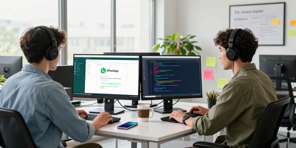 Professional workspace showcasing WhatsApp下載 on multiple monitors in a creative development office.