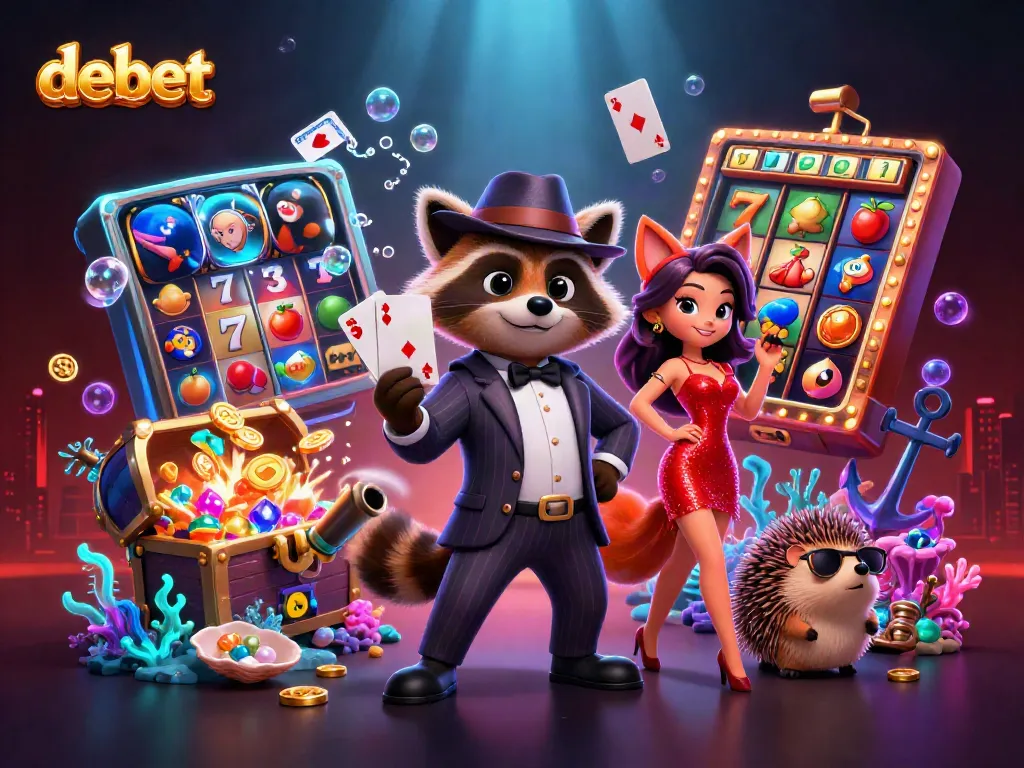 Win big with debet in this vibrant casino scene featuring a suave raccoon and fox.