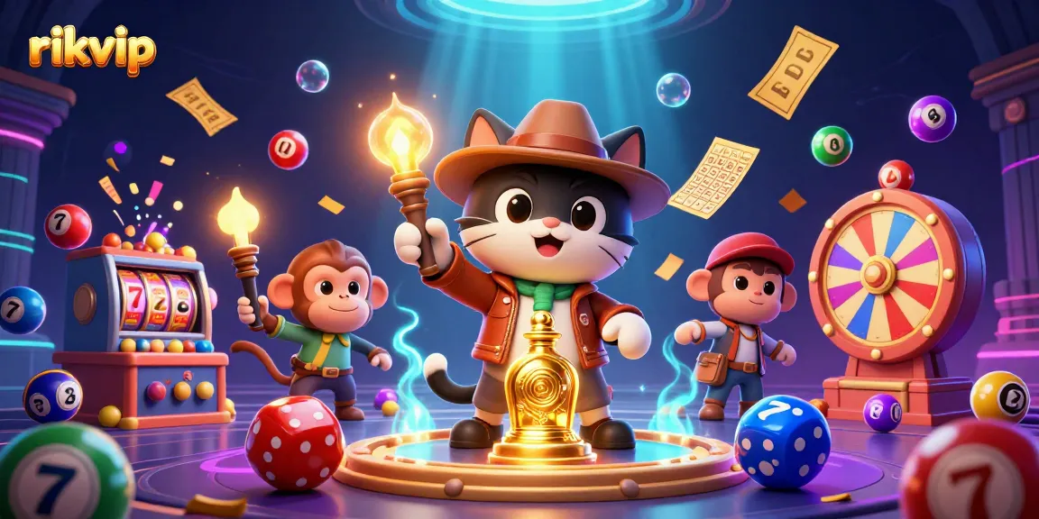 Experience the thrilling world of rikvip with an archaeologist cat uncovering casino treasures in a vibrant 3D scene.