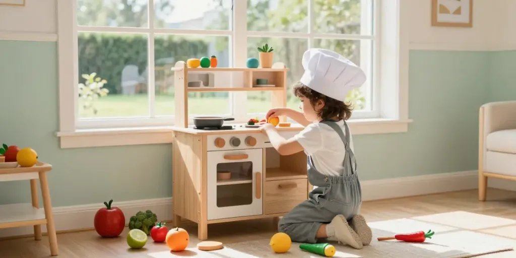 Child playing with a wooden kitchen set filled with colourful accessories and fruits in a sunny playroom.