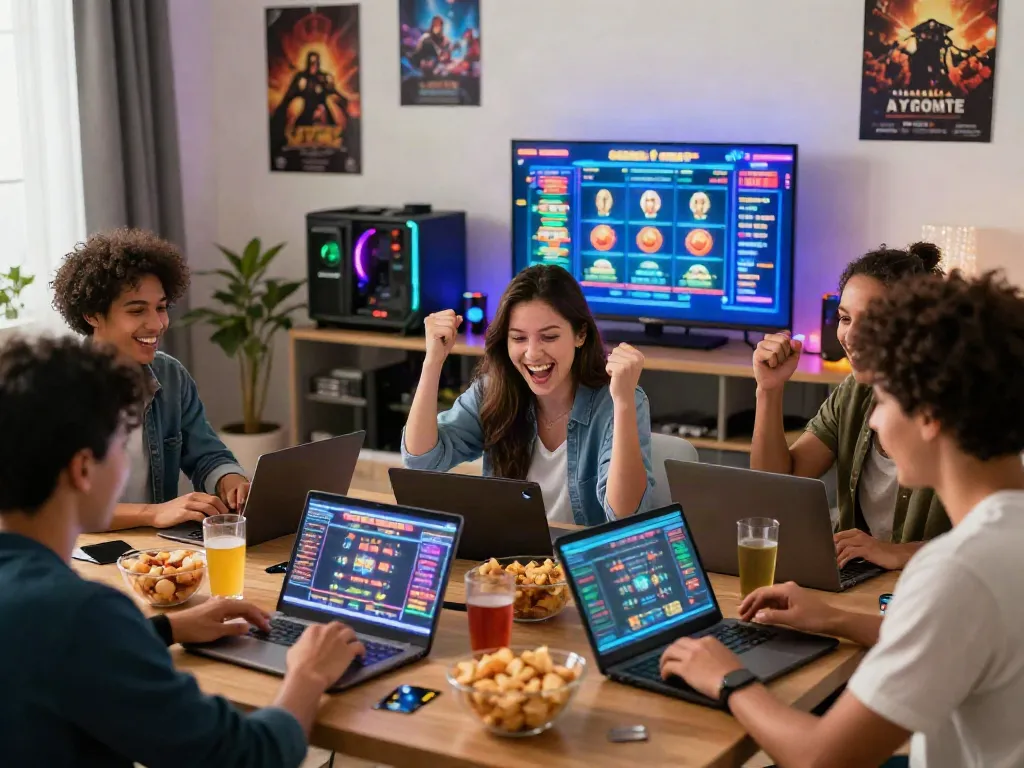 Group of friends celebrating gaming wins at online casinos that accept credit cards.