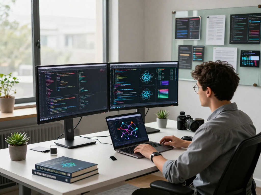 Dynamic tech workspace showcasing a developer working on spicy ai projects with advanced monitors and innovative tools.