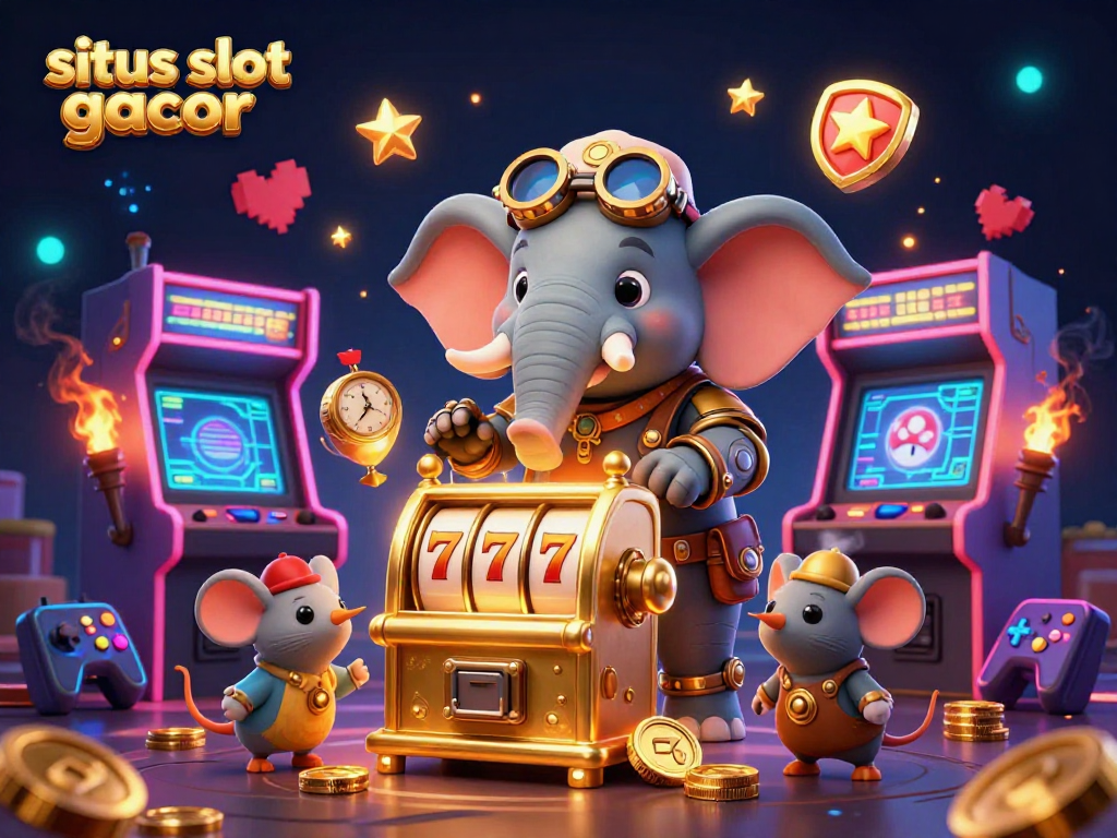 Experience the thrill of situs slot gacor with a vibrant steampunk scene of a mechanical elephant operating a golden slot machine.
