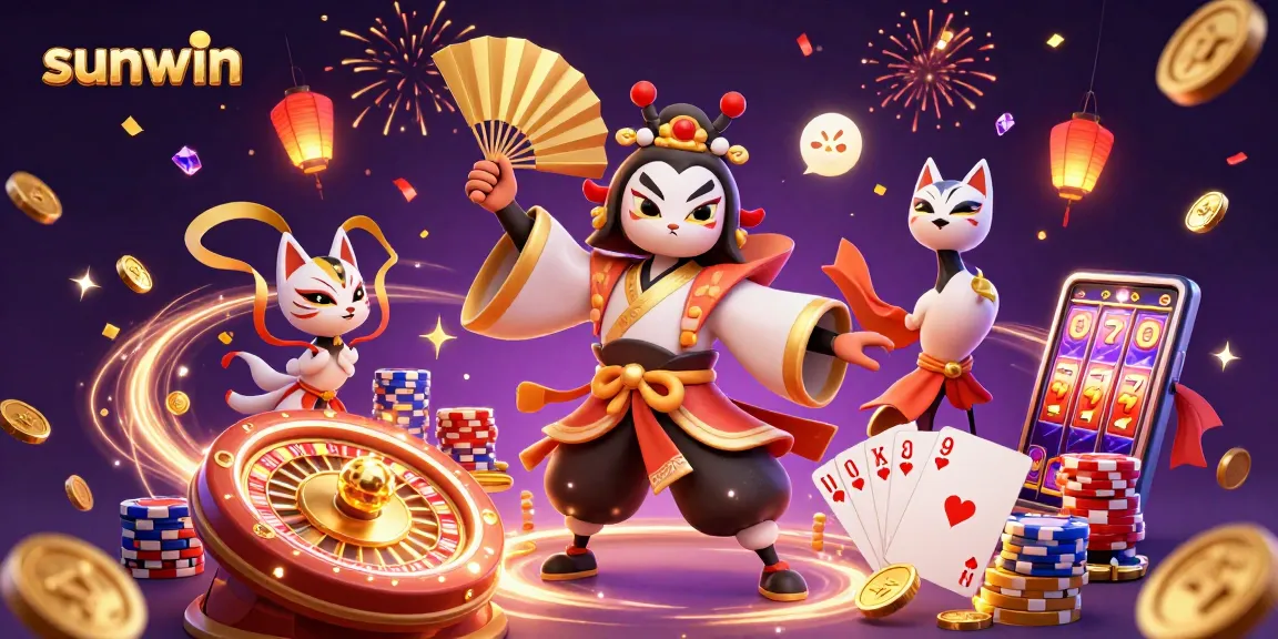 Engage in thrilling gameplay at Sunwin with an enticing casino atmosphere featuring a kabuki warrior and colorful tokens.